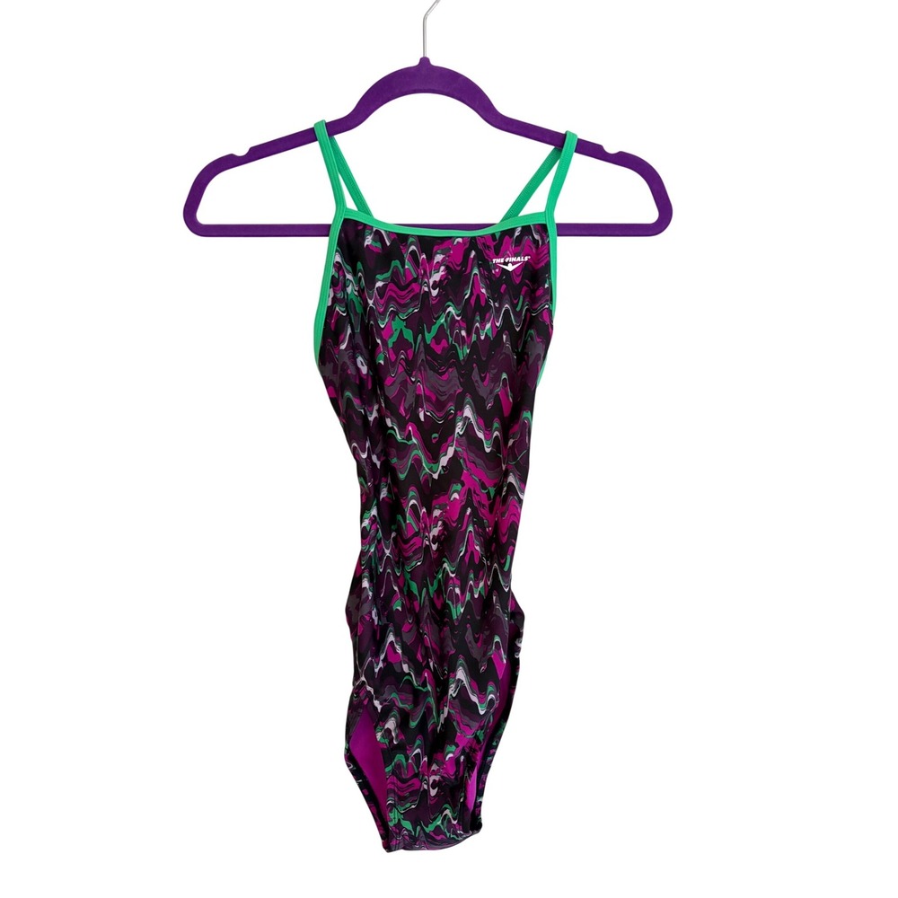 The Finals Funhouse Flutterback Swimsuit Purple Green Abstract One Piece 32/XS